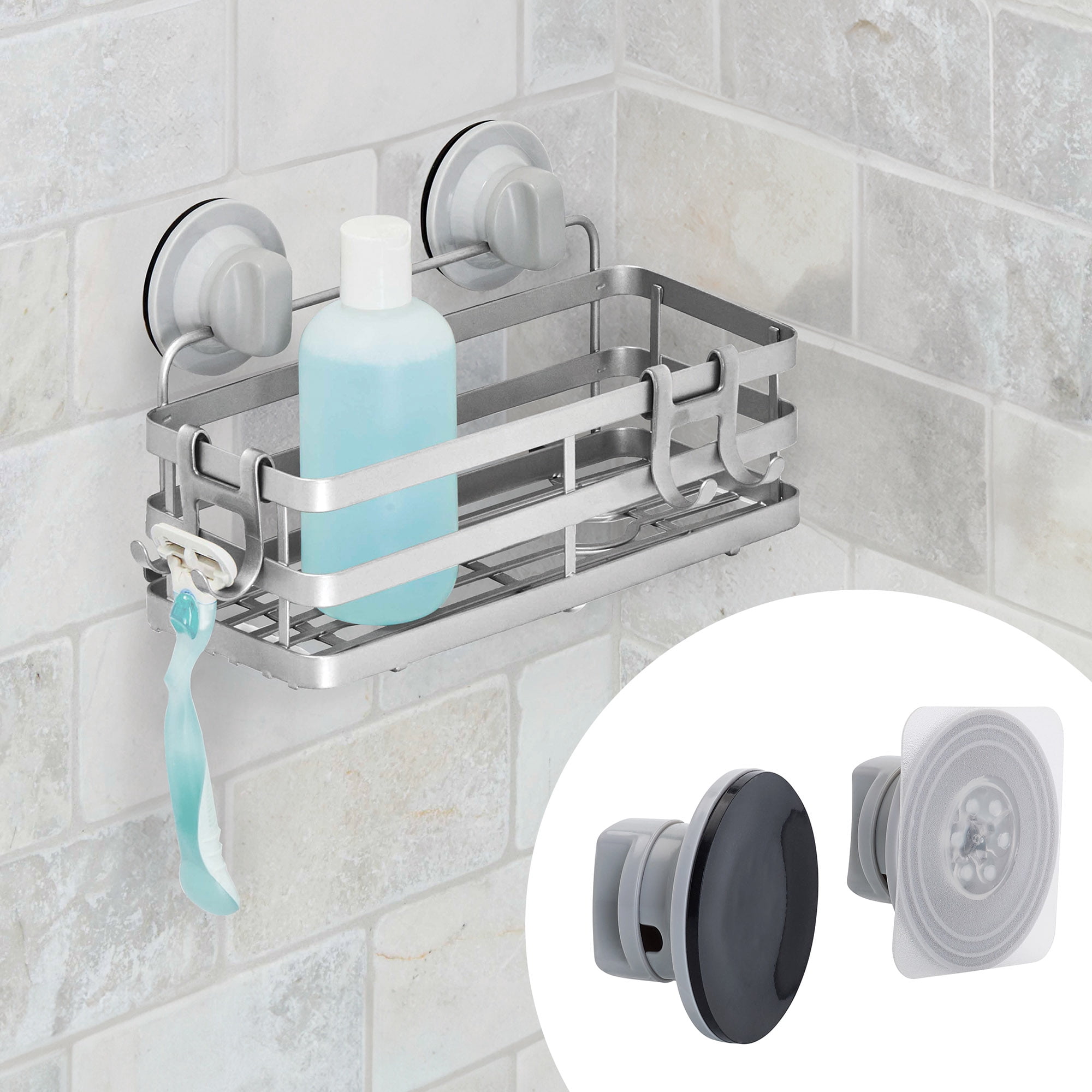 Panier de rangement de douche Better Homes & Gardens à fixation adhésive ou à ventouse, nickel satiné