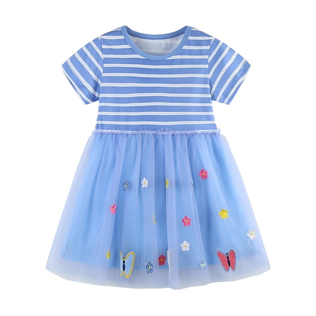 Big Kid Robe Fille Robe Serrée pour les Enfants Fille Toddler Filles Manches Courtes Tulle Papillon Imprimé Robe Clothes Filles Clothes (Bleu, 7-8 Ans)