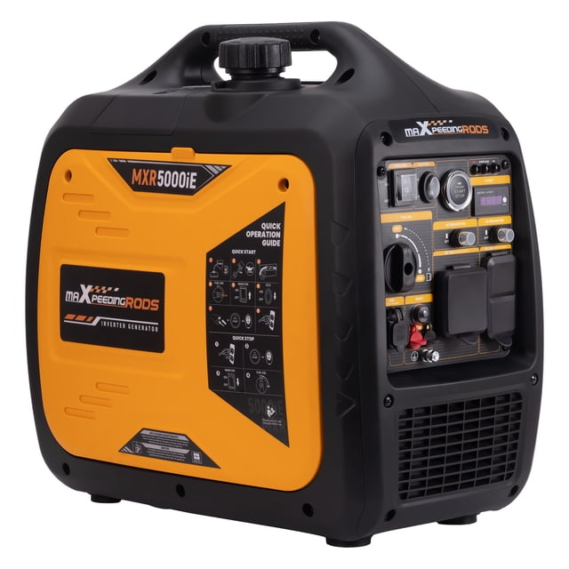 Maxpeedingrods 5000 Watt Inverter Generator with E-Start, shown in a compact, portable design with a black and orange exterior. Features include a digital display meter, multiple outlets (2x 120V 20 Amp, 1x 120V 30 Amp, 2x USB), and eco-mode for fuel efficiency. Ideal for camping, RVs, outdoor events, and home backup power. Powered by a 174.2cc 4-stroke OHV engine with a peak wattage of 5000W and running wattage of 3800W. Includes remote, electric, and recoil start options.