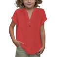 thumbnail image 1 of DecSea Linen Shirts for Kids 2025 Summer Button Down V Neck Short Sleeve Tops Casual Solid Blouses, 1 of 9
