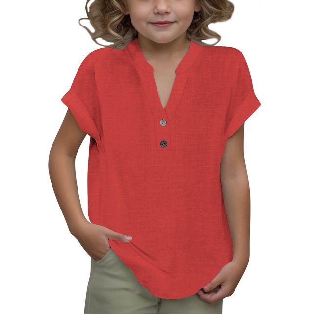DecSea Linen Shirts for Kids 2025 Summer Button Down V Neck Short Sleeve Tops Casual Solid Blouses