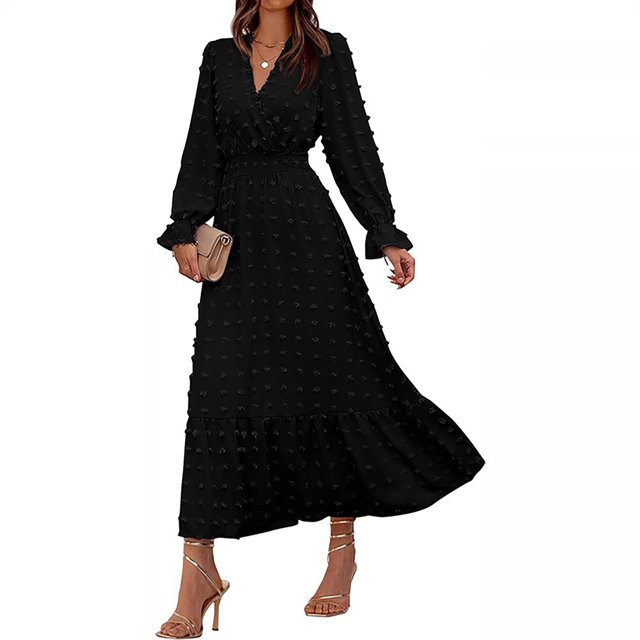Gspmoly Robes Décontractées pour Femmes, Robe Décontractée à Manches Longues et Col en V pour Femmes au Style Élégant, Robes de Vacances pour Femmes Articles en Liquidation