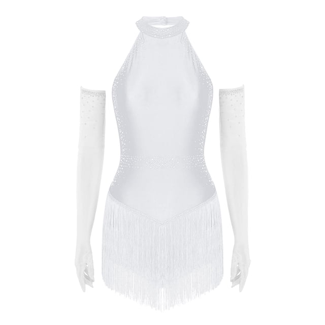 Hansber Robe de Danse pour Femme à Franges en Strass avec Gants, Col Licou, Costume de Danse Latine pour Salle de Bal, Rumba, Salsa, Blanc, TTG