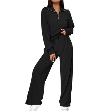 Pisexur Ensemble de Survêtement pour Femmes, Mode Décontractée, Couleur Unie, Ensemble de Détente, Tenue Deux Pièces pour Femmes, Manches Longues, Col à Revers, Chandails à Fermeture Éclair 1/4, Pantalons à Cordon, Survêtements, Tenues de Vacances