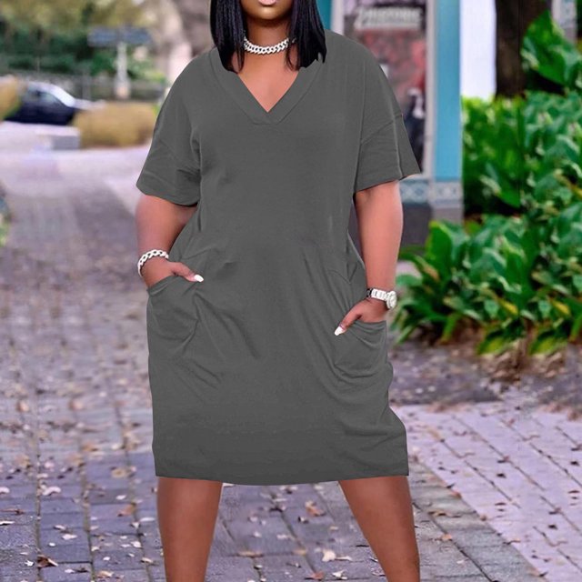 BEFOKA Robe pour Femme Grande Taille, Liquidation de Robes d'Été pour Femmes, Robe Unie Grande Taille à Manches Courtes et Col avec Poches pour Femme