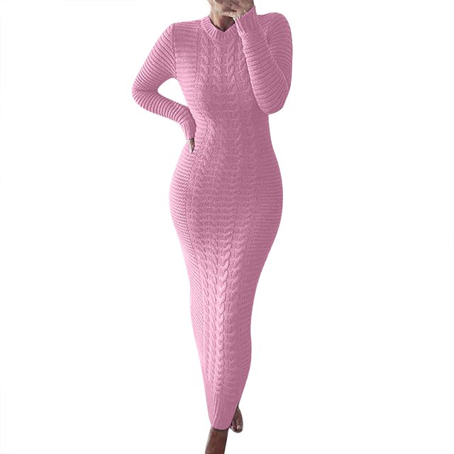 WTXUE Robe à Manches Longues, Robe Chandail d'Automne et d'Hiver à Manches Longues en Laine, Robe en Lin, Robes Petites pour Femmes, Robe Rose pour Femmes, Rose P