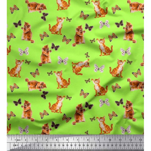 Soimoi Green Cotton Cambric Fabric Insect & Cat Animal Decor Fabric Printed BTY 56 Inch Wide