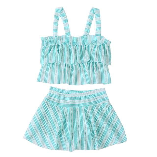 Yanlir Color Blocked Split Camisole Ruffle Swimsuit Set with Skirt Style for Girls and Children Perfect for Pool Parties,Beach Trips,and Water Play(Green,5 Years)