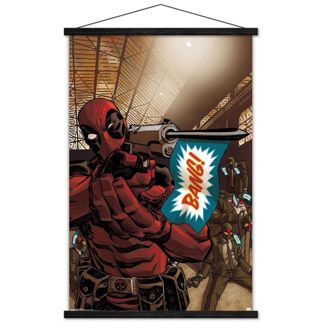 Marvel Comics - Deadpool - Bang Wall Poster, 22.375" x 34" depicting Deadpool in red and black suit aiming a revolver with a blue flag reading 'BANG!' in red letters, set in a brown industrial background with masked men in suits holding similar flags, printed on glossy poster paper suitable for home décor and party decoration.