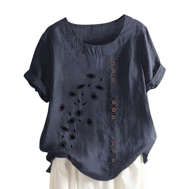 Dealovy Cotton Linen Tops for Women Crew Neck Short Sleeve Floral Embroidered T-Shirts Plus Size Tees