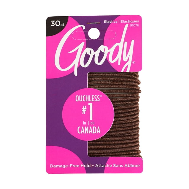 Goody Ouchless no Metal Elastics 30Ct pack showing tightly coiled dark brown hair elastics on a purple and pink card, highlighting damage-free hold and Canada's top ouchless elastics, suitable for gentle styling and secure ponytails.