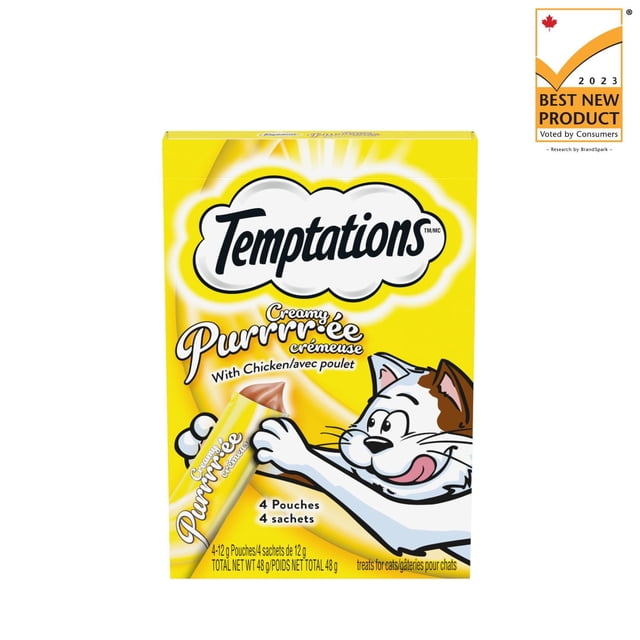 Temptations Creamy Puree Chicken Lickable Adult Cat Treats yellow box featuring a cartoon cat holding a pouch, containing four 12g pouches of soft, creamy chicken-flavored cat treats suitable for hand feeding, bonding, or as a food topper to enhance mealtime.
