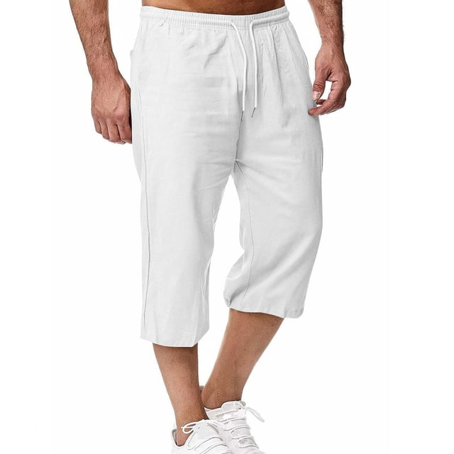 Lovzfmll Men's Cropped Pants, Linen Drawstring Relaxed Fit Straight Leg with Pocket, Casual Loose Fit 7/8 Length Pants