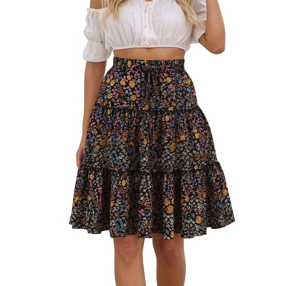 Fgnfyis Womens Skirt Floral Print A Line Skirt for Women Casual Loose Fit Summer Skirt with Flowy Design for Daily Wear Black XL