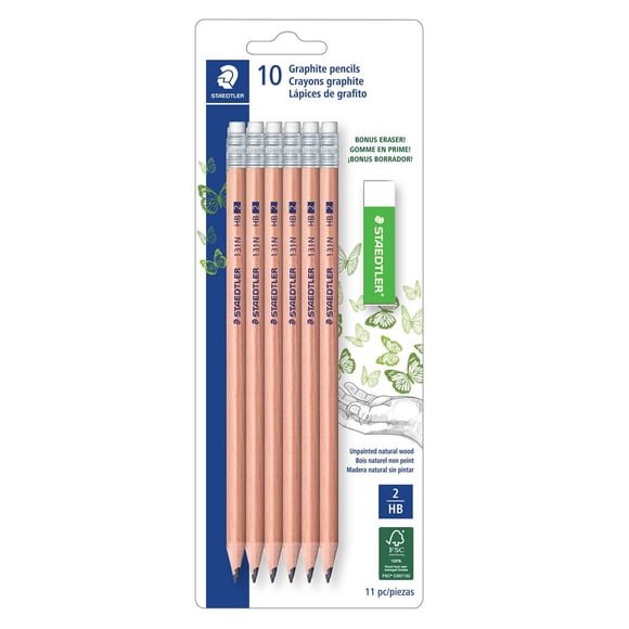 Crayons naturels no 2 (HB) prétaillés Staedtler avec gomme à l’extrémité et gomme blanche supplémentaire (131N SBK10)
