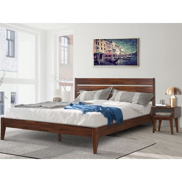 Acacia Lit Plateforme en Bois Massif d'Émeri avec Tête de Lit Haute, Ensemble de Meubles de Chambre Lit Très Grand avec Table de Nuit, Tête de Lit Haute Assemblage Rapide et Facile Fonctionne avec une Variété de Matelas, Noyer