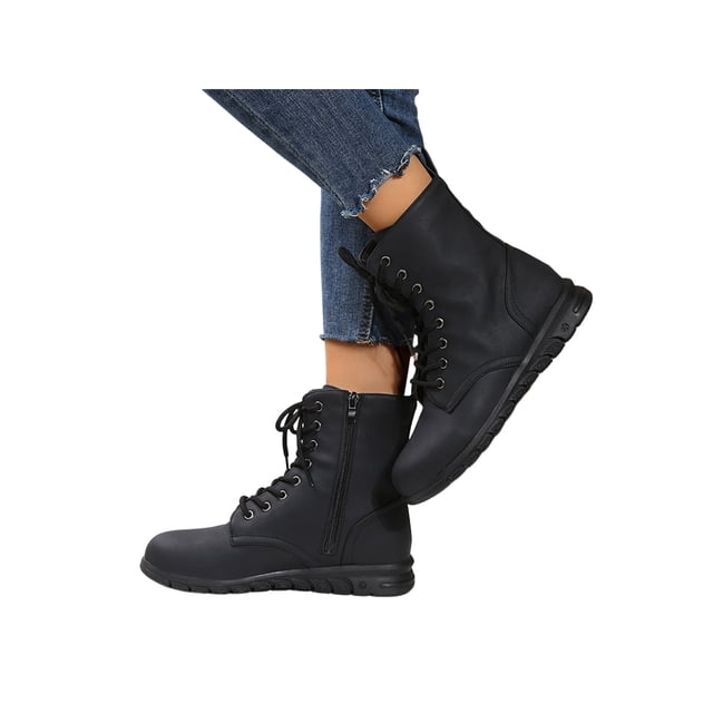 Bellella Womens Combat Boot Side Zip Booties Lace Up Ankle Boots Waterproof Shoes Work Black 5.5