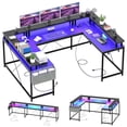 thumbnail image 1 of U Shaped Desk, 126 Inch Gaming Desk with Monitor Stand and LED Lights, Reversible Shaped Large Computer Desk with Power Outlets, Large Corner Office Desk with Storage Bag and Hooks, 1 of 9
