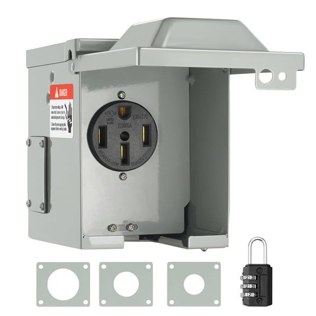 VEVOR 50 Amp RV Power Outlet Box, 125/250 Volt, featuring a NEMA 14-50R receptacle with a weatherproof and lockable enclosure. The grey outdoor electrical box includes a prominent door design for easy closure, pre-knocked holes for flexible wiring, and a password lock for added security. Suitable for RVs, electric vehicles, and outdoor power tools. UL listed and NEMA 3R rated for waterproof and dustproof protection.