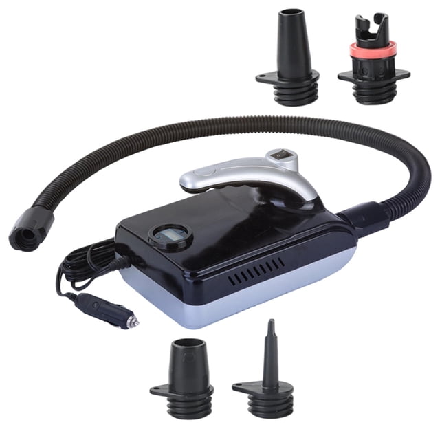 20PSI Electric Pump for Stand Paddleboards, designed with a black and silver ABS body, ergonomic handle, digital LCD screen, and button controls. Includes a detachable flexible hose, 4 nozzles, and a 12V car power adapter for quick inflation and deflation. Ideal for paddleboards, kayaks, yoga balls, tents, and rafts.