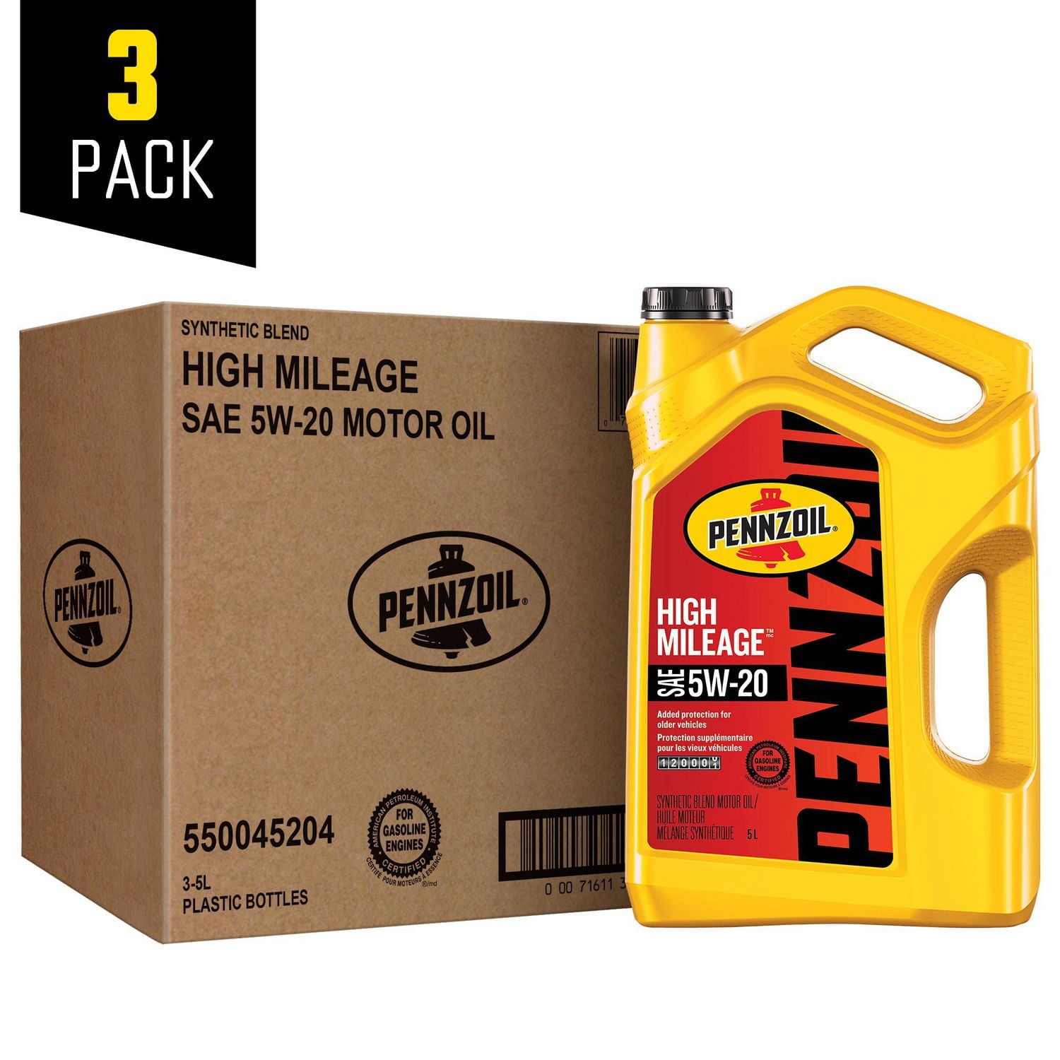 Pennzoil High Mileage 5W-20 Motor Oil, 5 Litre (3 Pack)