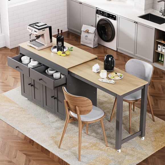 Noble House 74.5" Kitchen Island with Extendable Dining Table,Grey