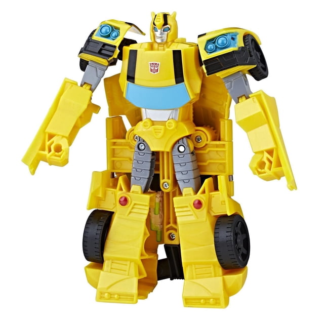 Transformers Jouets Cyberverse Attaquants d'Action Classe Ultra Figurine d'Action Bumblebee en mode robot Jaune avec Roues Noires sur les Jambes, Panneau de Poitrine Bleu et logo Autobot Rouge sur la Poitrine, Debout sur Fond Blanc, Convient aux Enfants de 6 Ans et Plus.