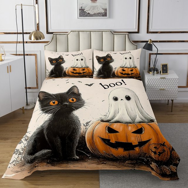 Erosebridal Couvre-Lit Réversible Kawaii Chat Citrouille d'Halloween Ensemble Format Grand Lit