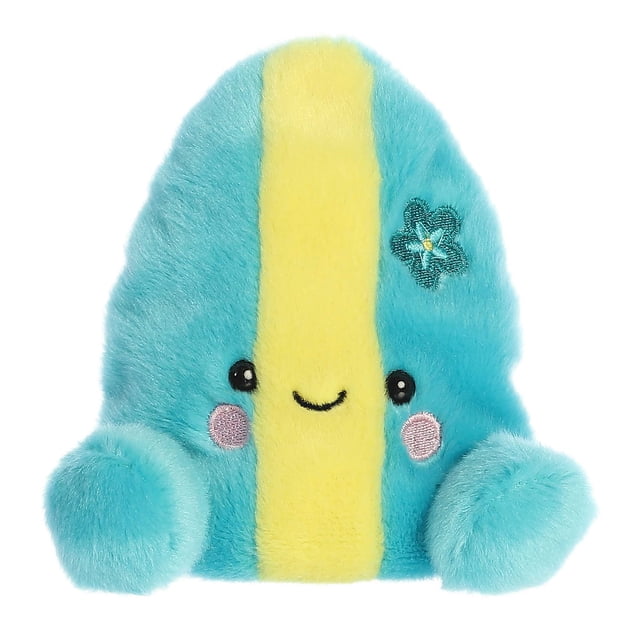 Aurora Palm Pals - Fynn Surfboard 5-inch stuffed animal plush toy with a soft, fluffy texture in vibrant blue and a yellow stripe down the center. The surfboard-shaped design features embroidered details like a smiling face, pink cheeks, and a teal flower accent. Filled with bean pellets for stability, suitable for all ages.