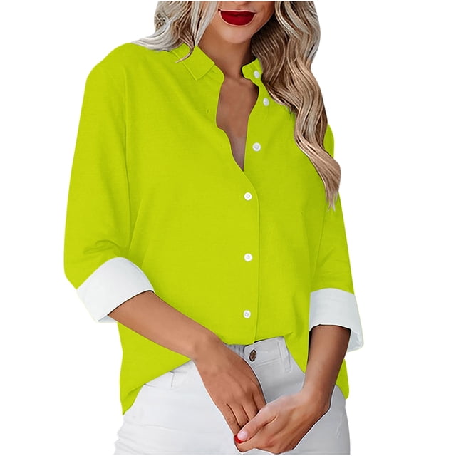 Besolor Button Down Shirts for Women Solid Color Long Sleeve Colared Tops Loose Office Blouses for Casual Work