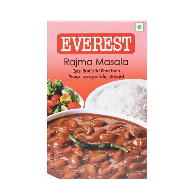 Everest Rajma Masala 100g box with front-facing packaging showing cooked red kidney beans curry garnished with a green chili, served with white rice and salad, highlighting the authentic Indian spice blend for Rajma dishes.