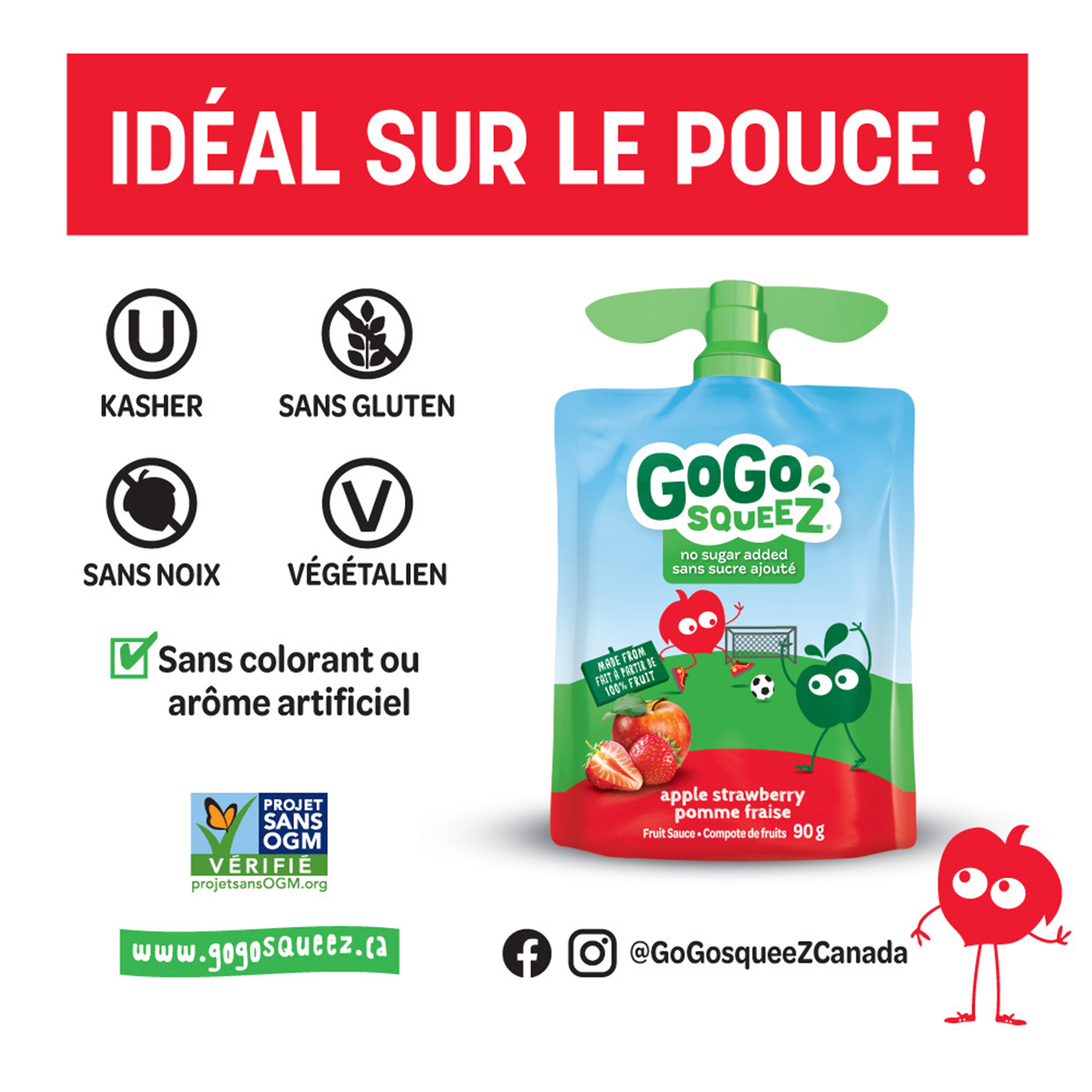 GoGo squeeZ Compote de Fruits, Pomme Fraise, Sans Sucre Ajouté. 90g par Sachet, 4 Sachets
