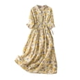 thumbnail image 1 of Meichang Robes en Coton et Lin pour Femmes Tendance à Boutons Robe Bohème Tunique Plissée à Imprimé Floral Col à Revers Robe d'Été Détente Manches Mi-Longues Taille Élastique Robe pour Plage Vacances, 1 of 8