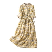 Meichang Cotton Linen Dresses for Women Trendy Button Up Boho Dress Tunic Pleated Floral Printed Lapel Sundress Lounge Half Sleeves Elastic Waist Dress For Beach Holiday