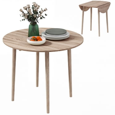 HOMCOM Foldable Dining Table, Round Drop Leaf Table with Wood Legs, Oak