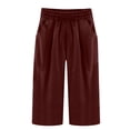 thumbnail image 4 of DPTALR Women's Summer Cotton And Linen Solid Color Pockets Elastic Waist Capris Shorts Pants, 4 of 4