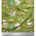 thumbnail image 1 of Soimoi Green Rayon Crepe Fabric Unicorn & Rainbow Nature Print Fabric by Yard 46 Inch Wide, 1 of 5