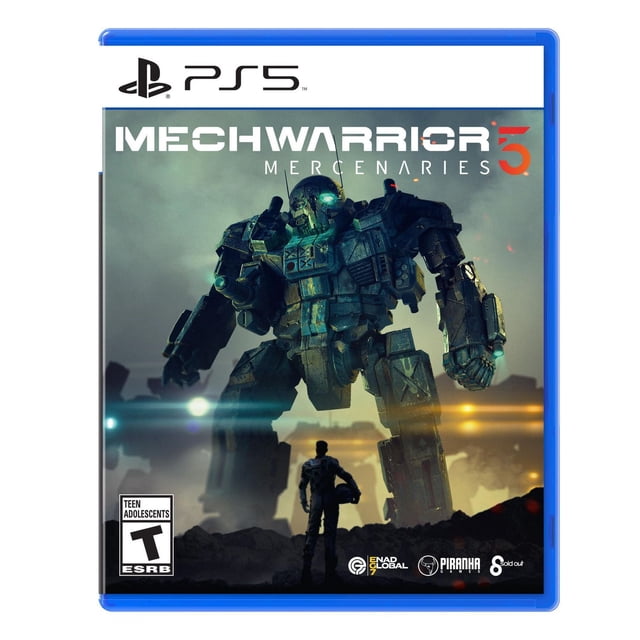 MechWarrior 5: Mercenaries Couverture de Jeu PS5 Montrant un Mécha de combat Imposant aux Yeux Bleus Lumineux sur un Champ de Bataille Brumeux Affrontant un Pilote Solo Tenant un Casque, Mettant l'Accent sur le combat et la Stratégie des Méchas dans Ce Titre PlayStation 5 Classé Ado par ESRB.