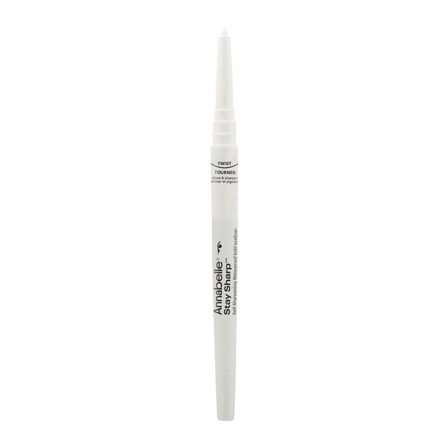 Annabelle Stay Sharp Self-Sharpening Kohl Eyeliner in white casing with black text, featuring a twist-on cap sharpener for precise, smudge-proof, waterproof eye makeup application with long-lasting hold, suitable for waterline use and easy blending.