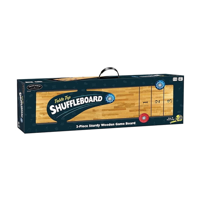 Front Porch Classics Table Top Shuffleboard Game in box featuring a 2-piece sturdy wooden game board with natural wood finish, scoring zones marked 1 to 3, including two blue and one red puck, designed for 1 to 4 players aged 8 and up, measuring 62 inches long, ideal for game or recreation rooms and casual indoor play.