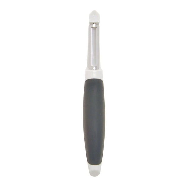 Starfrit Razor Straight Blade Swivel Peeler with grey ergonomic handle and ultra-sharp Japanese stainless steel straight blade, designed for peeling firm-skinned fruits and vegetables like carrots, potatoes, and cucumbers, includes protective cover and eye remover tool, also suitable for preparing julienne strips.