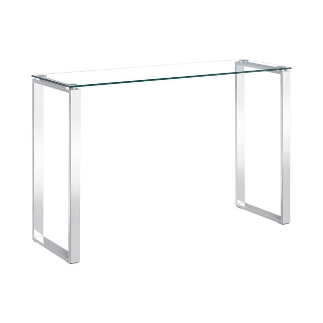 Heavenly Collection Large Silver Console Table with 10mm tempered clear glass top and rectangular chrome stainless steel tube legs, measuring 30 inches high, 47 inches wide, and 18 inches deep, suitable as a living room accent or sofa table with easy assembly and maintenance.