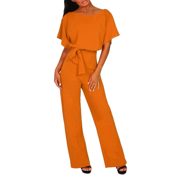Outfmvch Bodysuits For Women Jumpsuit Women'S Fashion Solid Color Lace Up Button Short Sleeved Jumpsuit Jumpsuits For Women Dressy Orange L
