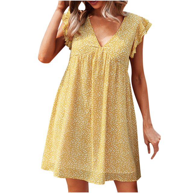 EQWLJWE Robes d'Été pour Femmes 2023 Mode pour Femmes Décontractée Col en V Manches Feuilles Chiffon Floral Bohème Plage Robe Sans Manches
