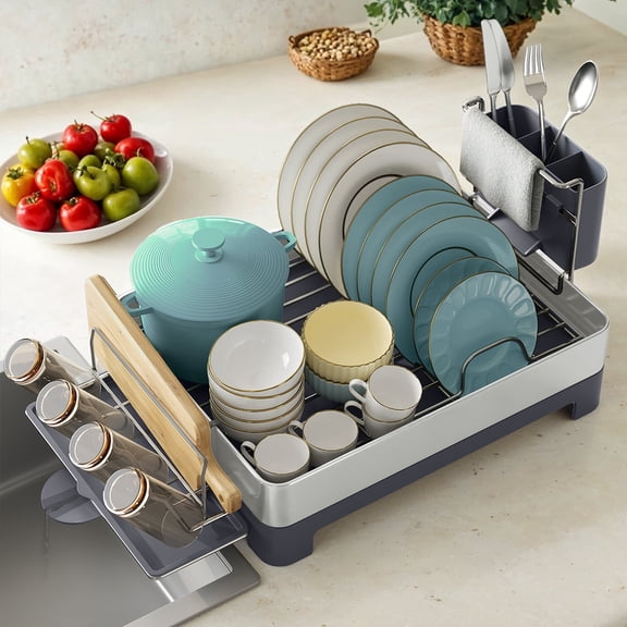 LEDREM Extra Large Dish Drying Rack - Stainless Steel with 360° Drain Spout, Holds 9 Plates & Utensils, Fingerprint-Proof, Silver and Grey