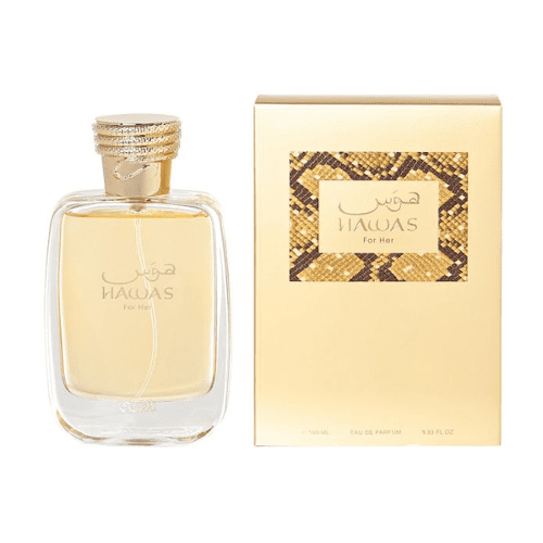 Hawas by Rasasi Eau de Parfum pour Elle 100 ml, Vaporisateur EDP 3,3 oz pour Femmes. la Bouteille Présente un design Épuré et transparent avec un Bouchon Ton or, Assortie à une Boîte Assortie or et à Motifs. Convient au Port Quotidien Ou aux occasions Spéciales.
