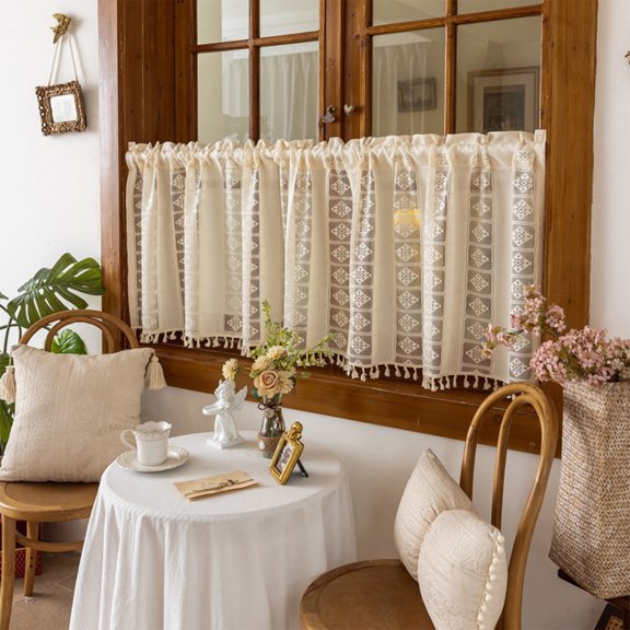 Weloille Rod Pocket Sheer Curtain 1 Piece, Semi Shading Short Window Sheer Voile, Light Filtering Breathable Half Window Curtain, for Kitchen Cafe Small Window Bathroom Bedroom