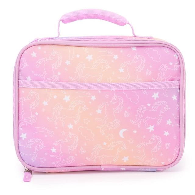 Jetstream Insulated Kids' Lunch Box for School with a padded pink handle, pastel pink and peach gradient polyester exterior printed with white unicorns, stars, moons, clouds, and diamonds, front elastic pocket, and zipper closure, designed to keep food fresh and easy to carry.