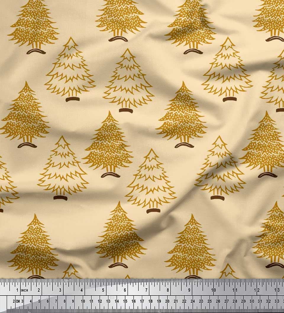 Soimoi Silk Fabric Christmas Tree Block Print Fabric by The Yard 42 Inch Wide
