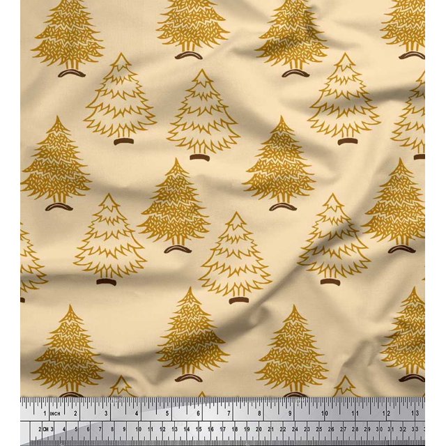 Soimoi Crepe Silk Fabric Christmas Tree Block Print Fabric by The Yard 42 Inch Wide